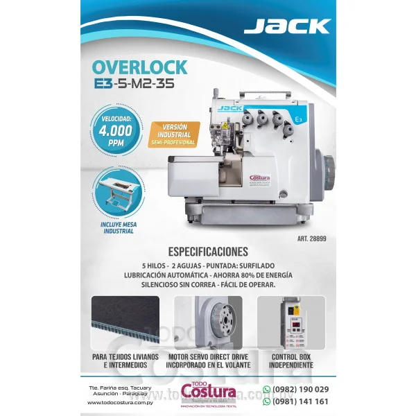 OVERLOCK (5 HILOS) JACK E3-5-M2-35 (MOTOR INCORPORADO)